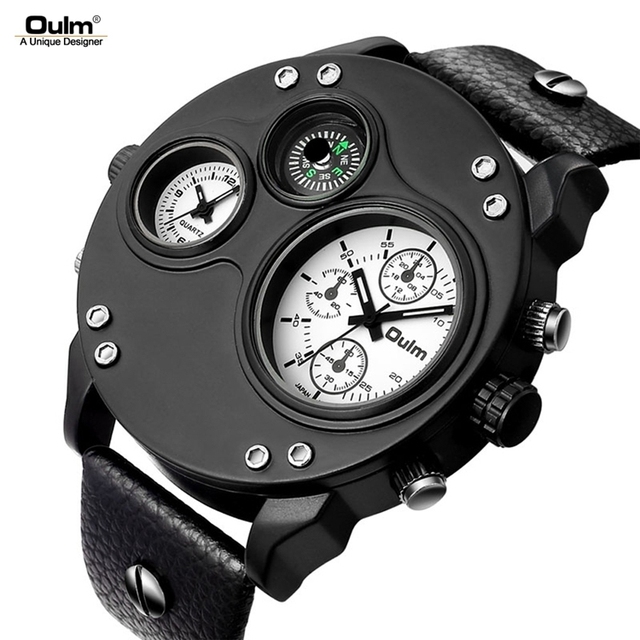 OULM 3741 Mens Style Unique Brand Quartz Movement Wristwatch Big Dial Leather Strap Compass Luxury Watches for Men Montres Reloj