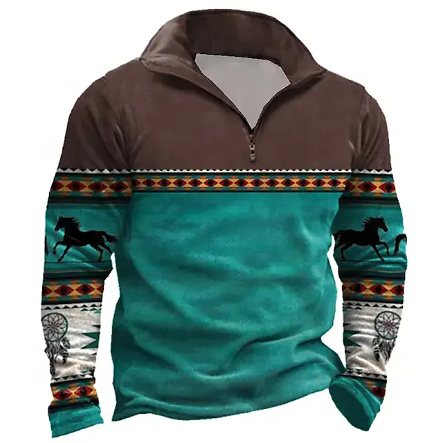 Groothandel Kleur Blok Paard Grafische Print Heren Sport Shirt Half Zip Turn Down Kraag Trui 100% Polyester Workout Jerseys