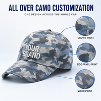 Casquette de baseball camouflage personnalisée 6 panneaux, imprimé intégral, en sergé de coton, avec logo brodé et visière pré-courbée pour marque privée