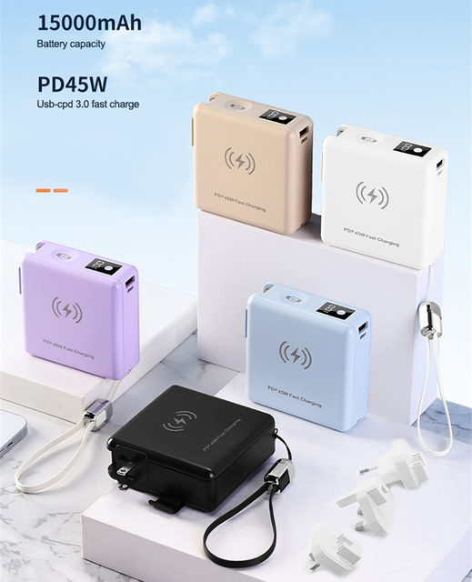45W Wall Travel Charger for Laptop Magnetic Wireless Power Bank 15000mAh With AC Plug with Cable PD Quick Charging Power Bank
