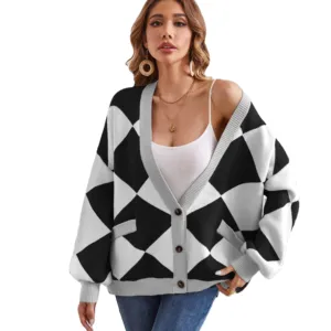 Mantel sweater rajut wanita, jaket sweater longgar kancing sebaris, kardigan rajut kasual kerah V pola geometris modis kustom