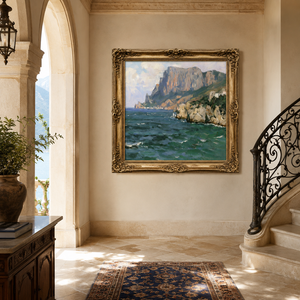 Dipinto a Olio di Scena Costiera con <span class=keywords><strong>Scogliera</strong></span>, Cornice Dorata Vintage, Paesaggio Mediterraneo su Tela, Dipinto a Mano, Dimensioni Personalizzabili per <span class=keywords><strong>Hotel</strong></span> - Product Image 4