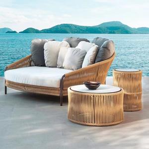 Chaise longue de jardin de luxe en corde tressée, double, ronde, avec cadre marron, durable et imperméable - Product Image 1