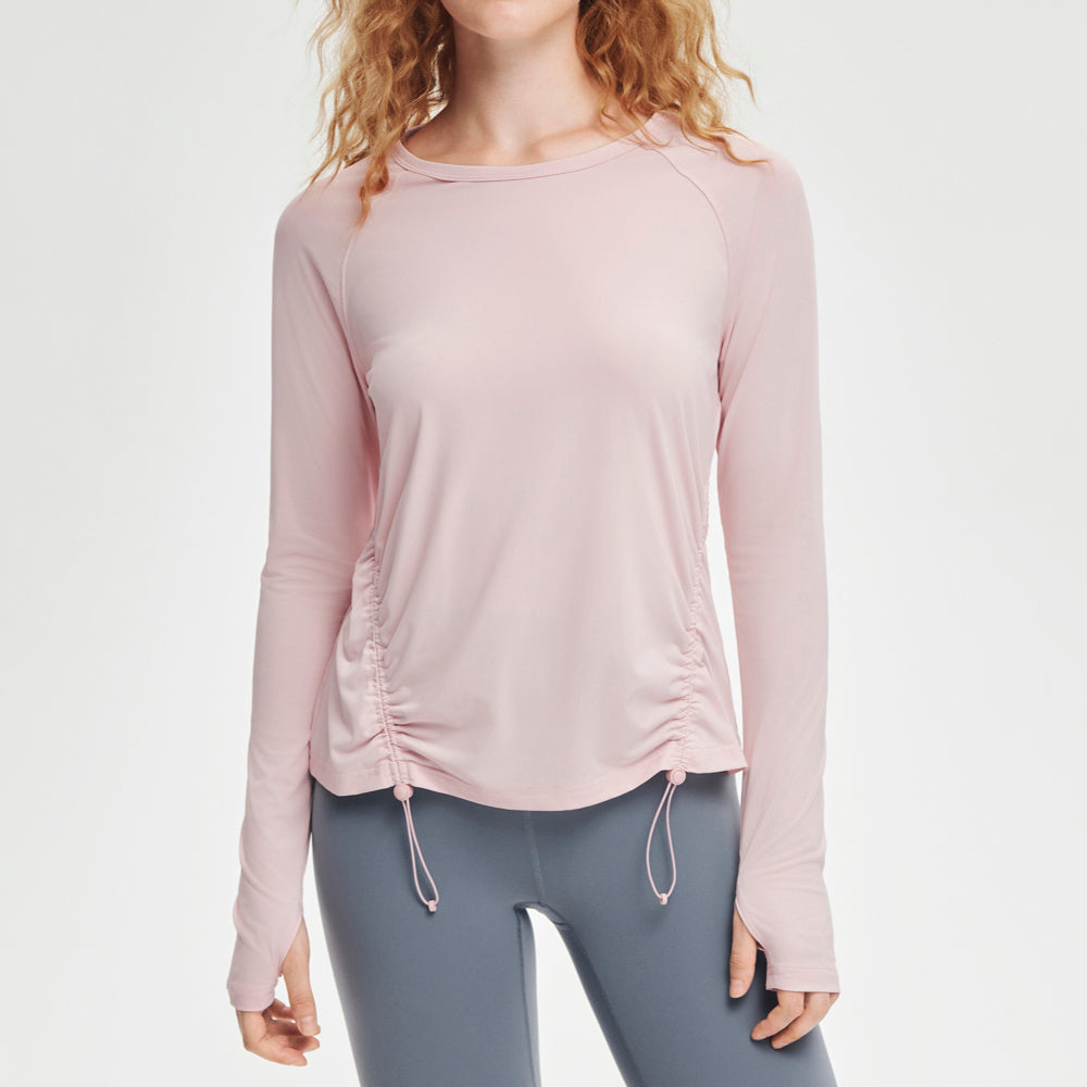 Custom Women Long Sleeve Yoga Shirt UPF 50 Protection Side Drawstring Ruched Cooling Workout Yoga Top Gym Fitness Activewear