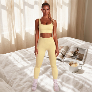 Women 2 Piece Yoga Set Sleeveless Crew Neck <b>Crop</b> <b>Top</b> High Waist Full Length Leggings Solid Yellow Seamless Stretch Breathable - Product Image 1