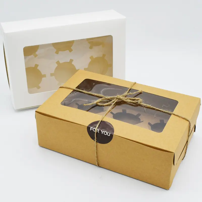 Recycelte Kraft Luxus Kuchen Papier Geschenk box mit klarem PVC Fenster Cupcake Box maßge schneiderte Größe zum Verkauf kostenlose Probe
