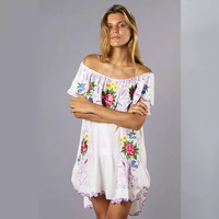 Robe de plage pour femmes, vacances d'été, crochet, fleur, coton blanc, vêtements de plage, broderie, épaules dénudées