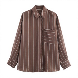 Camisa de satén a rayas marrones para mujer, de manga larga, con cuello y bolsillo, estilo casual, holgada, de manga completa - Product Image 2