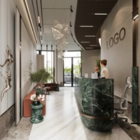 Meubles d'exposition personnalisés pour hall d'hôtel, comptoir de réception en marbre vert, canapé lounge, service clé en main pour l'aménagement intérieur