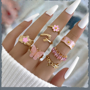 Set di Anelli da Donna INS Bohemien Trendy in Lega Smaltata Rosa con Stella, Farfalla, Margherita, Lettera e Fiore, Gioielli per Feste e Uso Quotidiano - Product Image 2