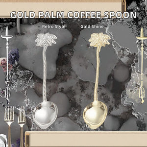 ช้อนกาแฟด้ามจับรูปต้นปาล์มเคลือบทอง ผลิตจากโลหะผสมสังกะสีขัดเงา ขายส่ง สไตล์วินเทจ ลายมะพร้าวเขตร้อน สำหรับชาและของหวาน - IHC - Product Image 2
