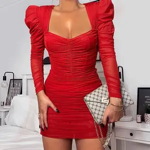 Neuankömmling 2021 geraffte Kleider Kleidung lange Ärmel Mode rot Mini kleid Damen Bustier Mesh Kleid sexy Frauen