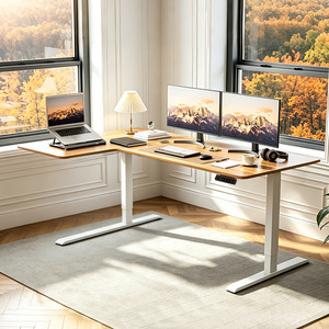 Escritorio eléctrico de esquina con altura ajustable en forma de L, con marco de metal blanco, para oficina en casa, estudio y juegos. - Product Image 1
