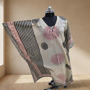 Caftán Largo Holgado de Algodón para Verano, Estilo Boho con Cuello en V, Maxi Caftán Holgado con Estampado Geométrico y Manga Corta - Product Image 2