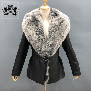 Janefur New Arrival Black Luxury Ladies Sheep Skin Belted Coat With Full <strong>Real</strong> Fox Fur Collar Woman Winter <strong>Real</strong> <strong>Leather</strong> <strong>Jacket</strong> - Product Image 4