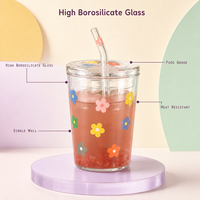 Gobelet en verre Ins Korea avec couvercle et paille, créatif, résistant à la chaleur, avec échelle graduée, pour la rentrée scolaire, motif floral mignon