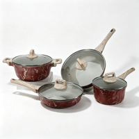 Ensemble de batterie de cuisine en aluminium moulé sous pression, antiadhésif, effet granit, avec revêtement marbre rouge vin et doré, comprenant casserole, faitout et poêle, compatible induction et gaz, pour commande en gros OEM