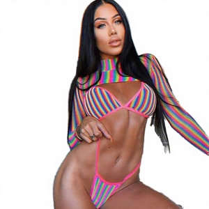 2026 Wholesale Women's <b>Sexy</b> Striped 3-Piece Brazilian Long Sleeve Swimsuits <b>Sets</b> Thong <b>Bikini</b> High-Waisted Swimwear Fitness - Product Image 3
