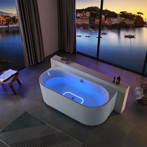 Banheira Artística Estilo Italiano com Listras, Banheira de Acrílico Independente Moderna Branca para Banheiro com Luz LED - Product Image 1