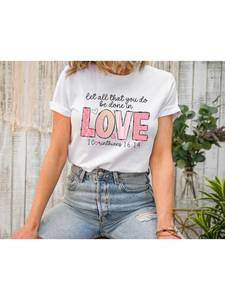 Camiseta Love para mujer, cuello redondo, manga regular, 100% algodón, estampado de corazón de San Valentín, estilo informal, tela de jersey para todas las estaciones - Product Image 3
