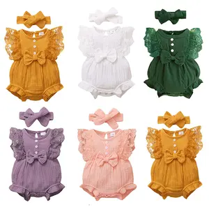 2023 hot sale baby girl candy color princess jumpsuit with hair hand infant cotton linen lace romper