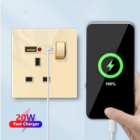 UK soket pengisi daya Cepat 20W USB Tipe C outlet saklar listrik dinding kaca Tempered emas mewah dengan lampu indikator LED Malta