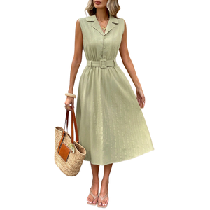 <span class=keywords><strong>Robe</strong></span> chemise sans manches vert sauge pour <span class=keywords><strong>femme</strong></span>, col à revers, boutonnée, ceinturée, coupe trapèze, longueur midi - Product Image 1