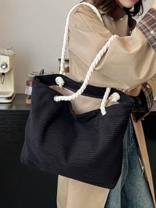 Hot selling spacious corduroy handbag with <b>large</b> capacity shopping <b>bag</b> and durable rope handle - Product Image 3