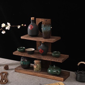 Chinese Style Three Tier Wooden <b>Shelf</b> 40cm X 12cm X 40cm For Tea Set Display <b>Desktop</b> Storage Rack - Product Image 2