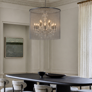 Lámpara colgante moderna de malla cilíndrica con cuentas de cristal, cadena ajustable, para decoración de hogar de lujo. - Product Image 1