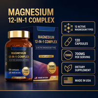 Capsule de magnésium 12-en-1 complexe à marque privée, supplément minéral quotidien pour adultes, OEM ODM, logo personnalisé, vente en gros, approvisionnement en vrac