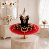Costume de tutu de ballet classique brodé noir, rouge et or sur mesure pour spectacle sur scène