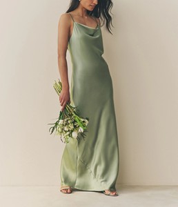 Sage Green Satin Floor-Length <b>Spaghetti</b> <b>Strap</b> Vintage Casual Summer Solid Hanging Neck Loose Comfortable Long Skirt - Product Image 1