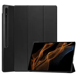 Trifold PU Leather Caster Hard Shell Flip Auto Wake Or Sleep Smart Tablet Case For Samsung Galaxy Tab S8 Ultra 14.6 Inch