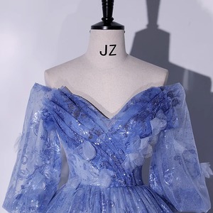 Off The Shoulder Ball Gown Gray Blue Floral Print Empire Waist Long Evening Dress For Women - Product Image 3