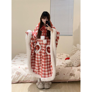 Poncho rosso per ragazza carina dolce <span class=keywords><strong>pigiama</strong></span> invernale da donna <span class=keywords><strong>in</strong></span> <span class=keywords><strong>pile</strong></span> di corallo con fodera <span class=keywords><strong>in</strong></span> <span class=keywords><strong>pile</strong></span> e vestaglia da notte per la casa - Product Image 1