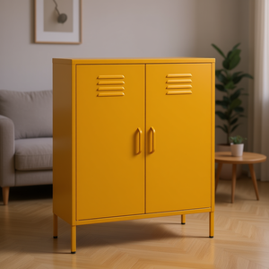 Gabinete de Almacenamiento de Acero Amarillo Mostaza de 2 Puertas, Diseño Industrial, Muebles Modernos para Sala de Estar - Product Image 2