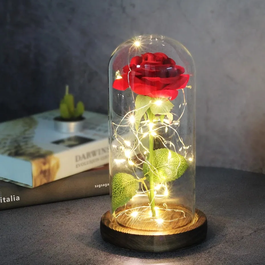 Hoa Hồng Nhân Tạo Vĩnh Cửu LED Light Beauty The Beast In Glass Cover Giáng Sinh Trang Trí Nội Thất Cho Mẹ Ngày Valentine Quà Tặng Năm Mới