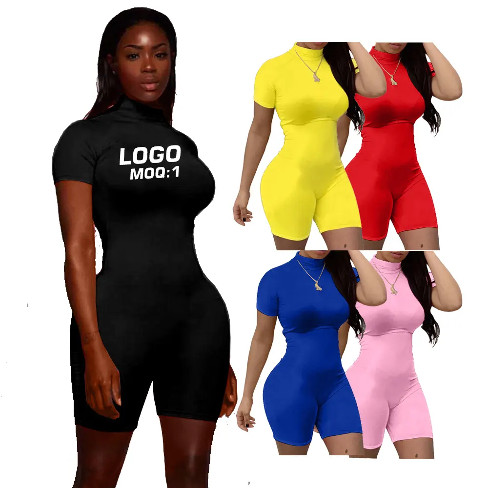 2022 Vrouwen Kleding Korte Mouw Sexy Strakke Een Stuk Jumpsuits Club Outfits Elegant Lucky Label Custom Romper Lady Bodysuit