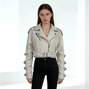 Women's Trendy <strong>White</strong> Leather Biker <strong>Jacket</strong> Fitted <strong>Short</strong> Length PU Leather <strong>Jacket</strong> Factory Direct Customization - Product Image 1