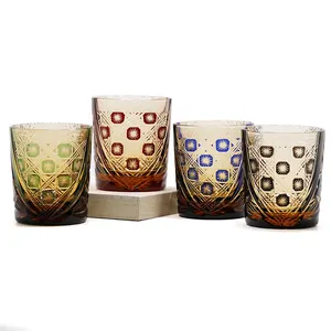 8盎司日本Edo Kiriko杯子手工雕刻彩色覆盖玻璃杯用于伏特加威士忌