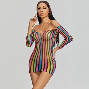 Robe moulante en résille à rayures arc-en-ciel pour femme, tenue de soirée à épaules dénudées et manches longues - Product Image 1