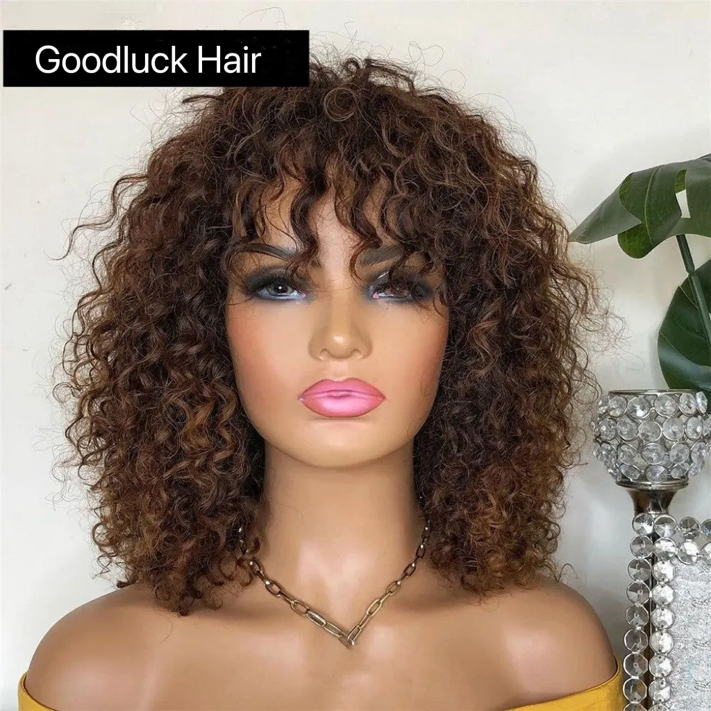 Goodluck highlight Peruvian Water Wave Full Machine Made Human Hair Wigs With Bangs for Black Women Remy Pixie Cut Bob Wig