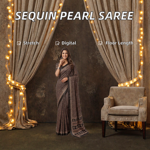 Sari en Georgette avec embellissement de perles et de sequins CYE, chemisier non cousu, sari extensible à sequins longueur ras du sol - Product Image 2