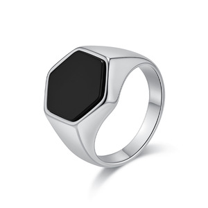 Stylish, minimalist geometric hexagonal stamp-shaped <b>black</b> stone <b>titanium</b> steel <b>ring</b>, simple and high-end jewelry. - Product Image 5