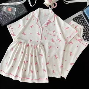 Sommer-Pyjama Damen Kurzarm-Shorts Dreiteiliger Anzug aus Wolkenbaumwolle Süß und Lieblich Hausanzug - Product Image 6