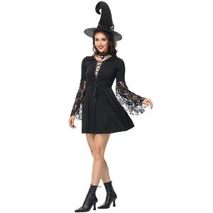 <b>Witch</b> Costume Women Black Lace Dress With Hat And Broom For Halloween Party Cosplay - Product Image 5