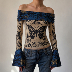 Women Butterfly Print Knitted Digital Printing <b>Long</b> <b>Sleeve</b> Crop <b>Top</b> <b>off</b> <b>Shoulder</b> Bell <b>Sleeve</b> Slim Fit Casual Streetwear T Shirt - Product Image 1