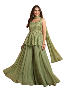 Ensemble Sharara traditionnel Bandhani vert pistache Rang Mahal en jacquard de soie et mousseline, avec manches supplémentaires, longueur ras du sol, pour femme, décontracté - Product Image 1