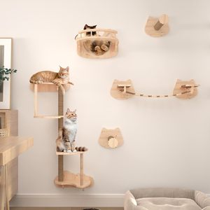Juego de estantes de pared de madera maciza para gatos, 7 Uds., moderno, bricolaje, casas de estrellas, condominios, perchas, poste para rascar, puente para gatitos, muebles para mascotas - Product Image 1